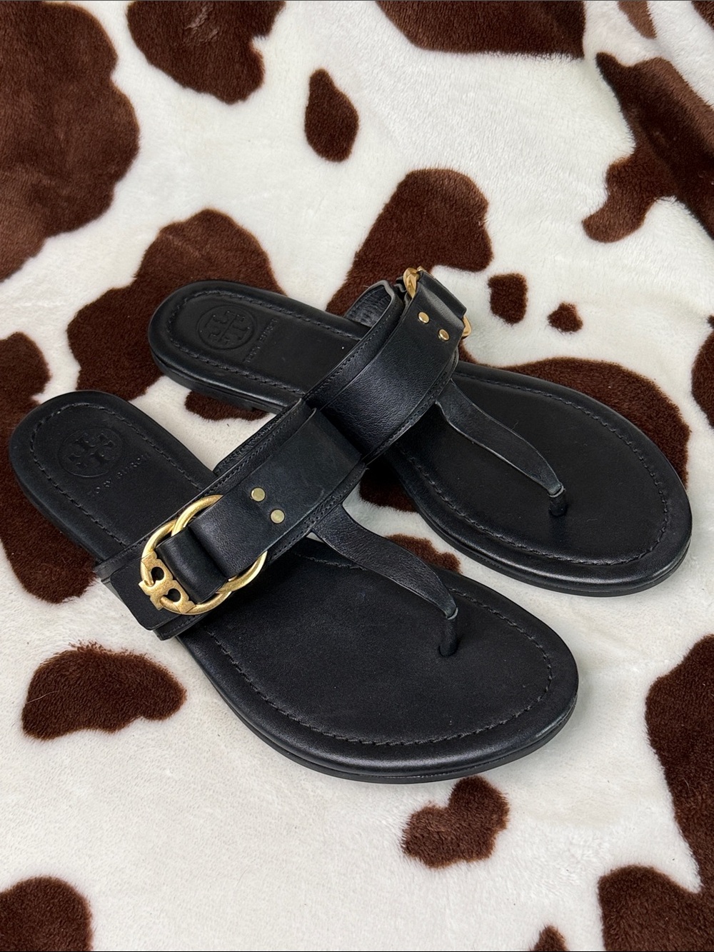 Tory Burch Black Leather Thong Sandals with Gold Buckle
